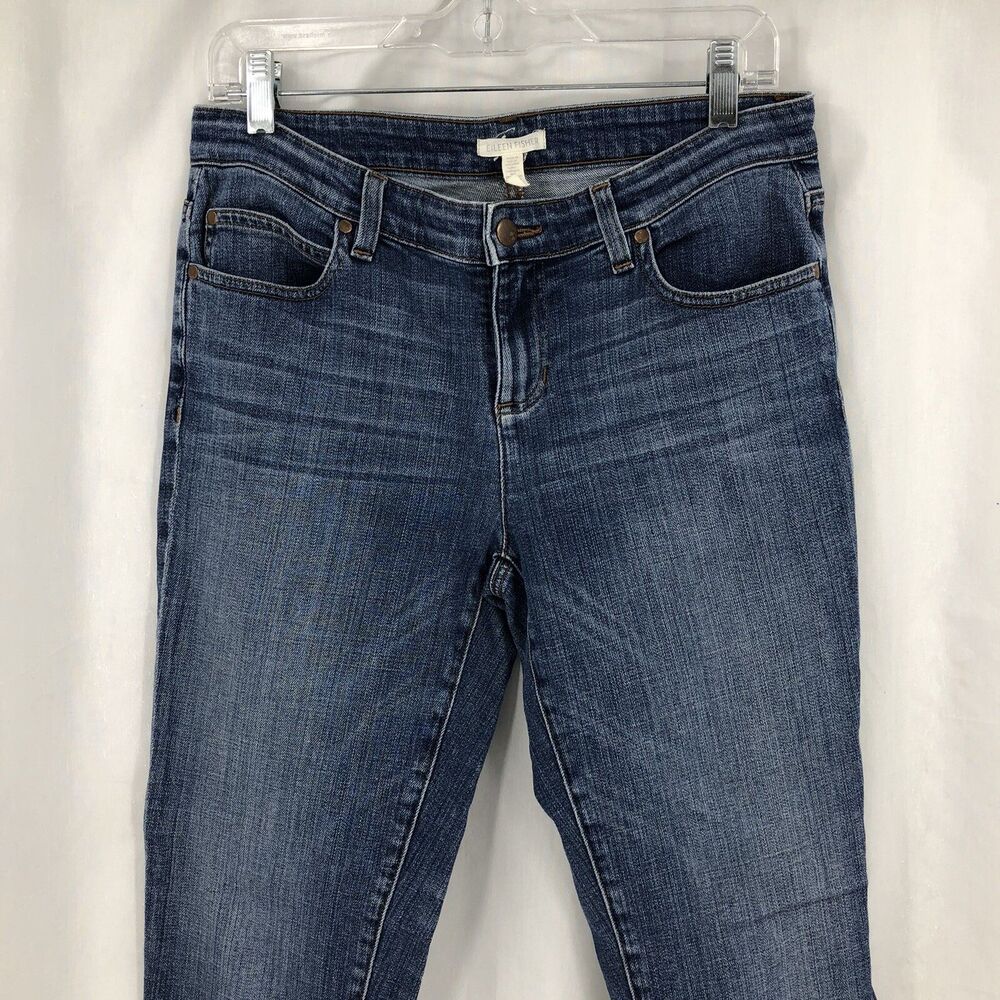 Eileen Fisher Slim Straight Blue Jeans Mid Rise Stretch Organic Cotton 4 33x28